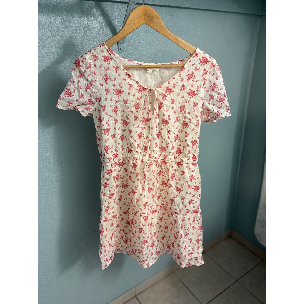 Hiatus Red Floral Dobby Stripe Mini Dress Small Short Sleeve TieNeck Cottagecore